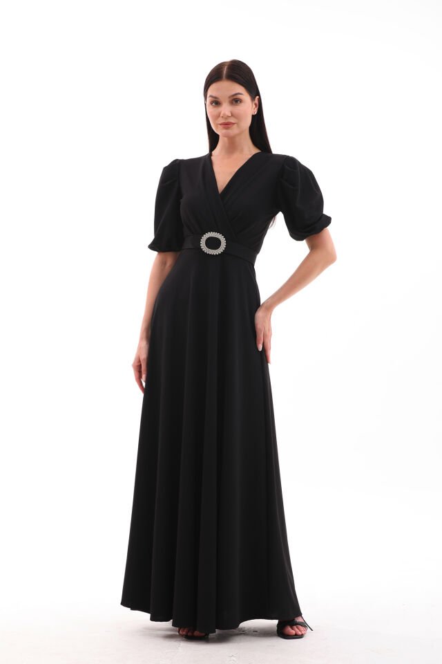 likralı kumaş kruvaza yaka kemerli maxi boy kloş şık elbise