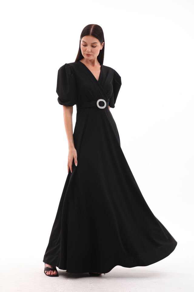 likralı kumaş kruvaza yaka kemerli maxi boy kloş şık elbise