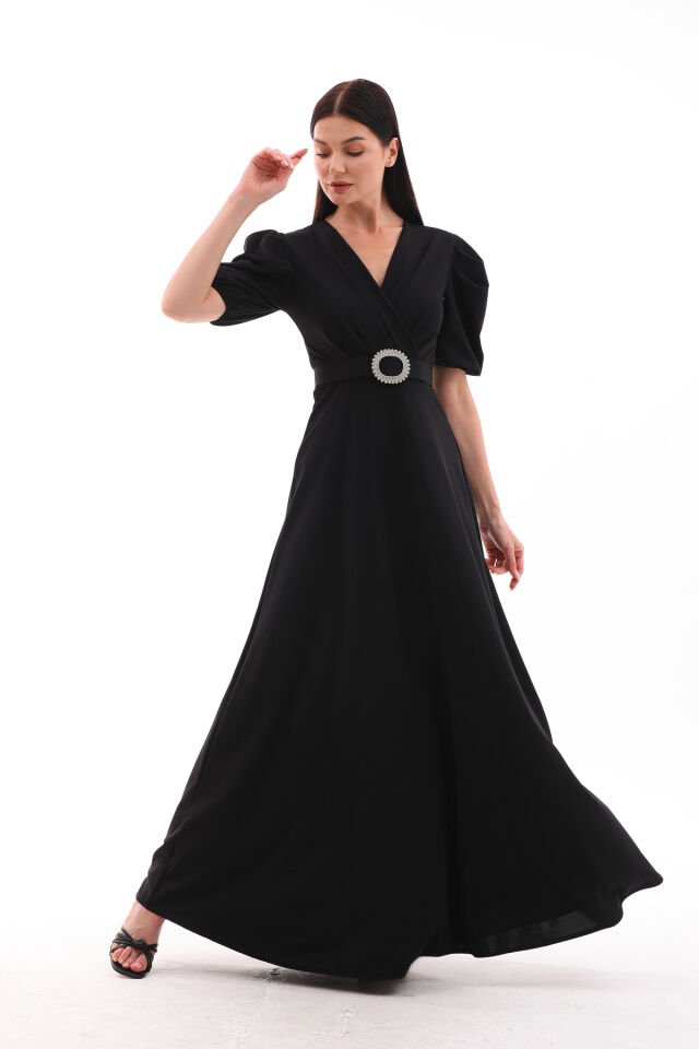 likralı kumaş kruvaza yaka kemerli maxi boy kloş şık elbise