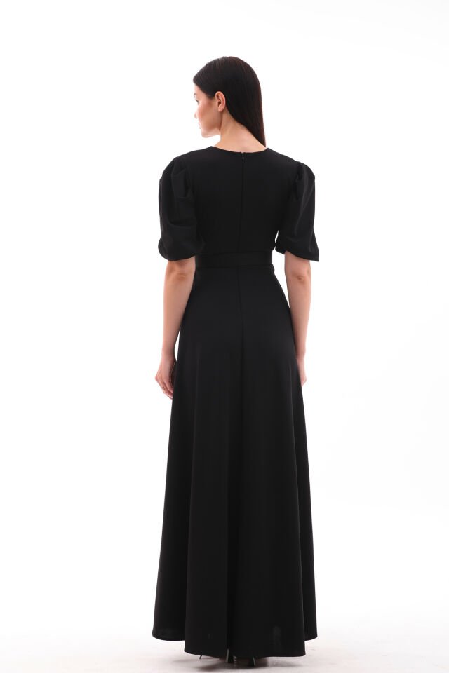 likralı kumaş kruvaza yaka kemerli maxi boy kloş şık elbise