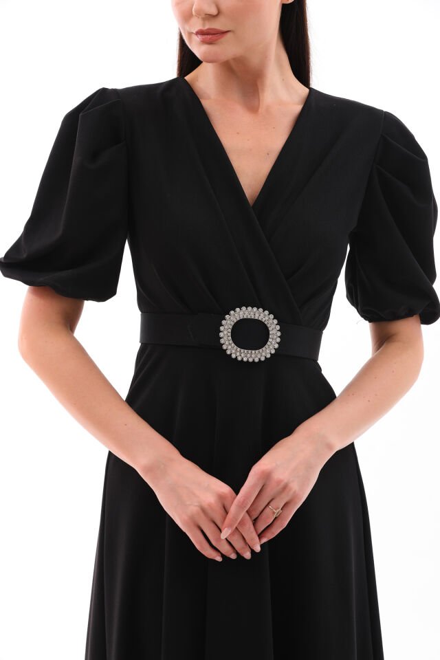 likralı kumaş kruvaza yaka kemerli maxi boy kloş şık elbise