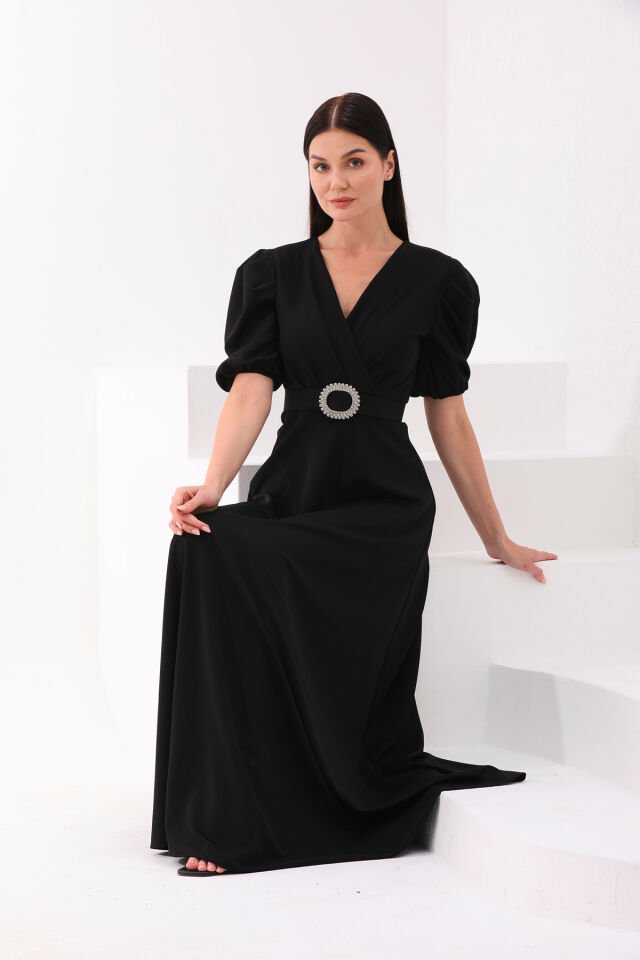 likralı kumaş kruvaza yaka kemerli maxi boy kloş şık elbise