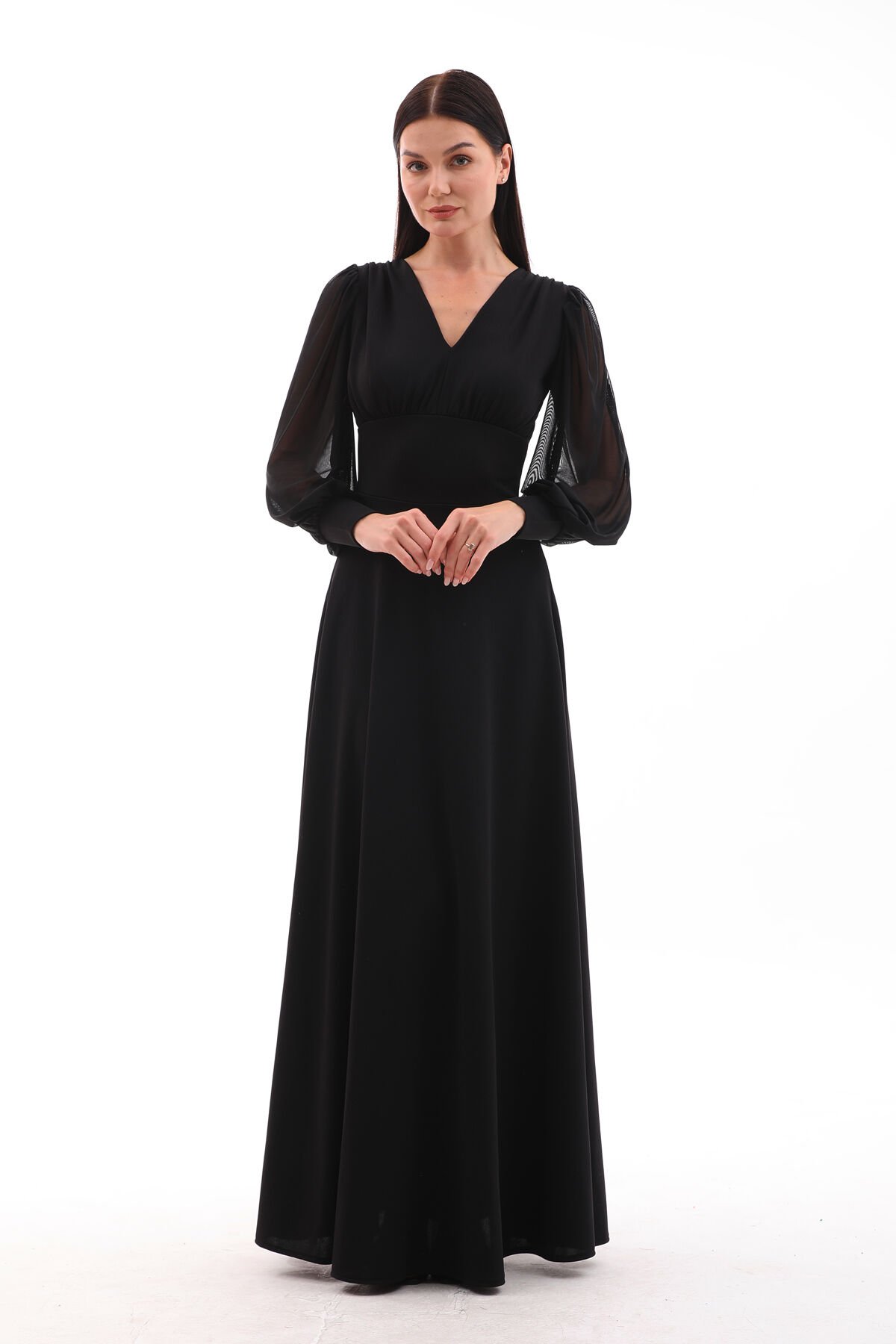 Yerli krep tül detaylı,kloş maxi şık elbise