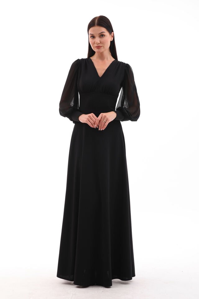 Yerli krep tül detaylı,kloş maxi şık elbise