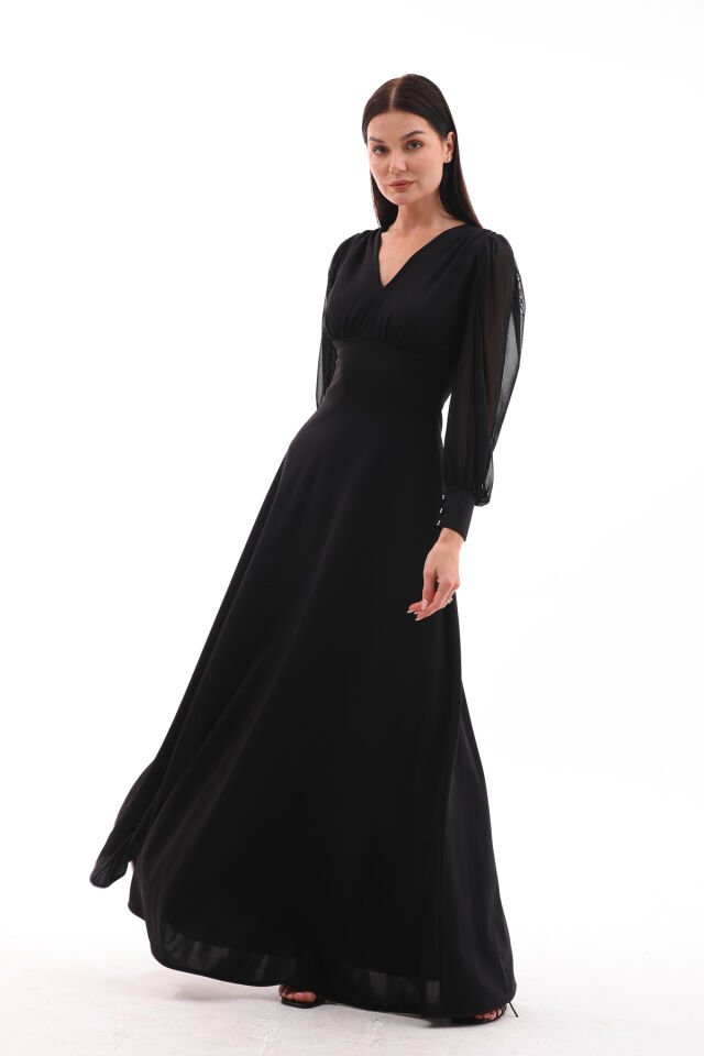 Yerli krep tül detaylı,kloş maxi şık elbise