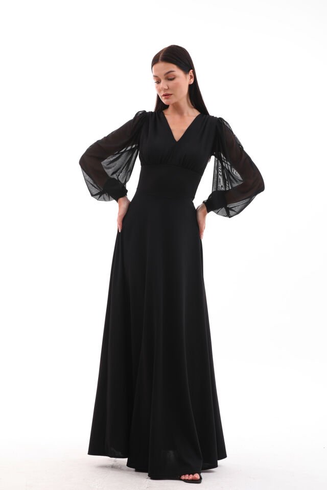 Yerli krep tül detaylı,kloş maxi şık elbise