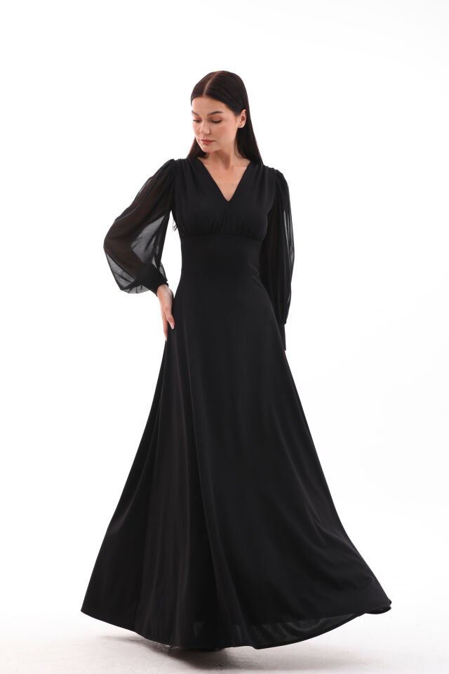 Yerli krep tül detaylı,kloş maxi şık elbise