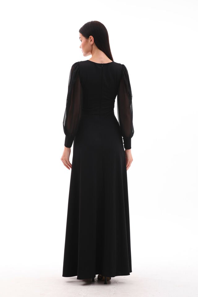 Yerli krep tül detaylı,kloş maxi şık elbise