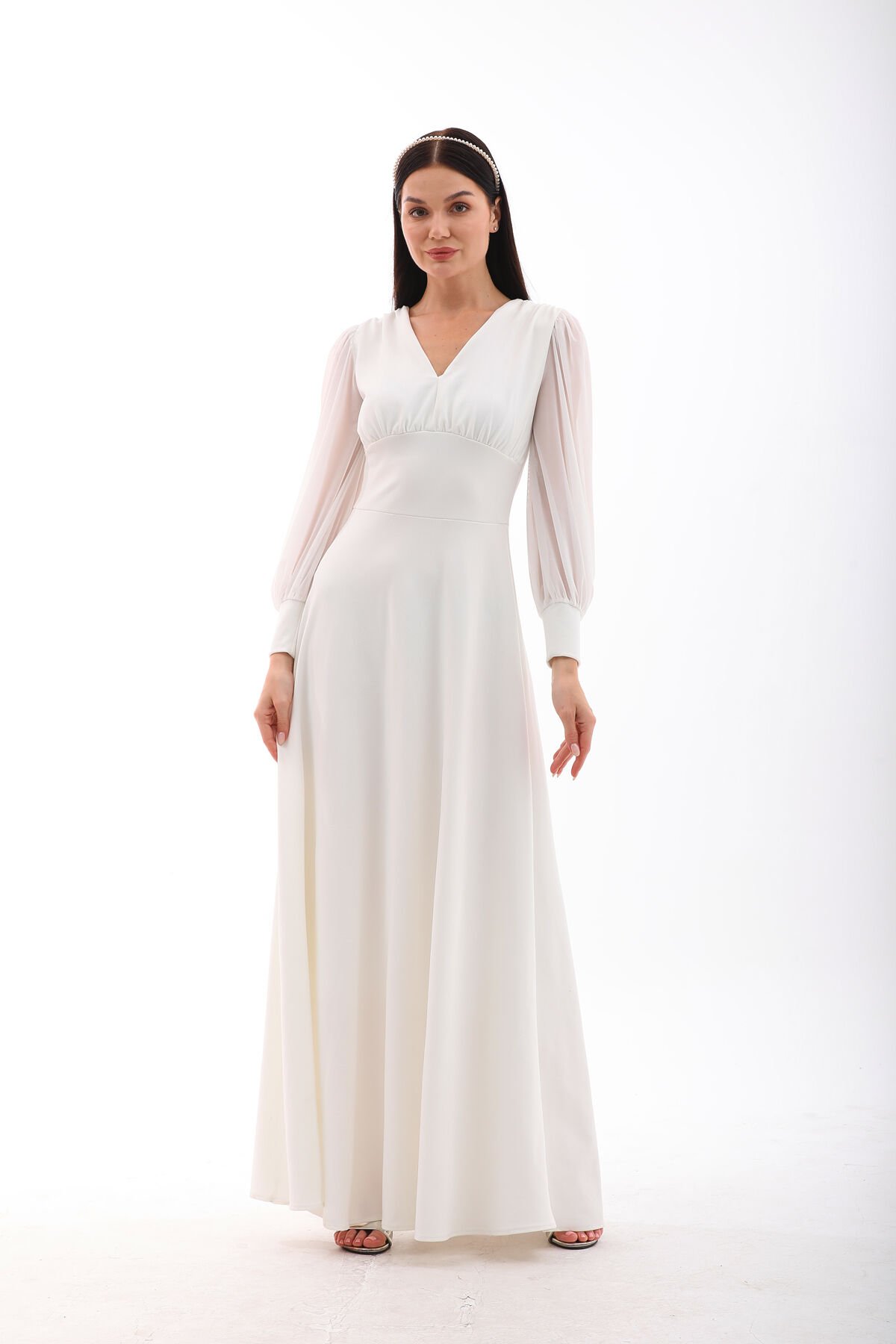 Yerli krep tül detaylı,kloş maxi şık elbise