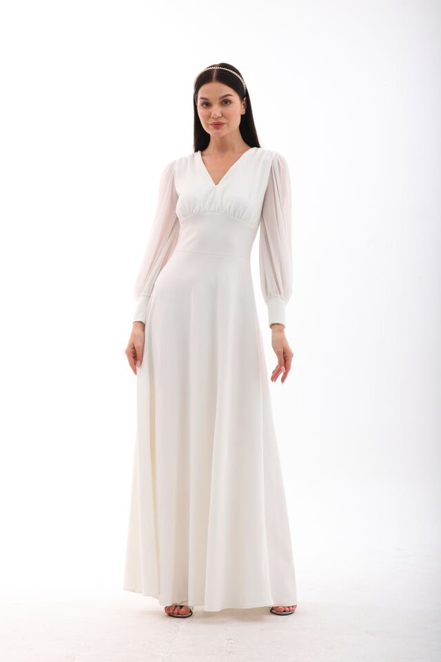 Yerli krep tül detaylı,kloş maxi şık elbise