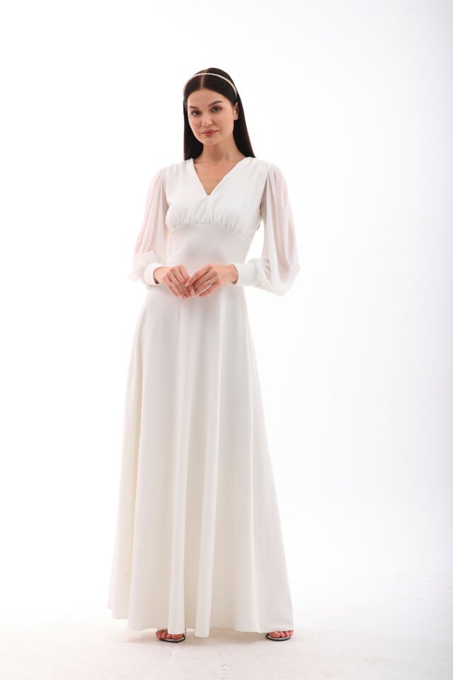 Yerli krep tül detaylı,kloş maxi şık elbise