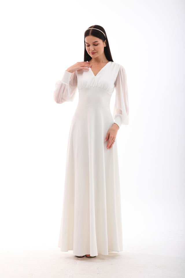 Yerli krep tül detaylı,kloş maxi şık elbise