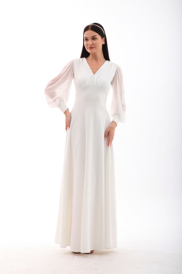 Yerli krep tül detaylı,kloş maxi şık elbise