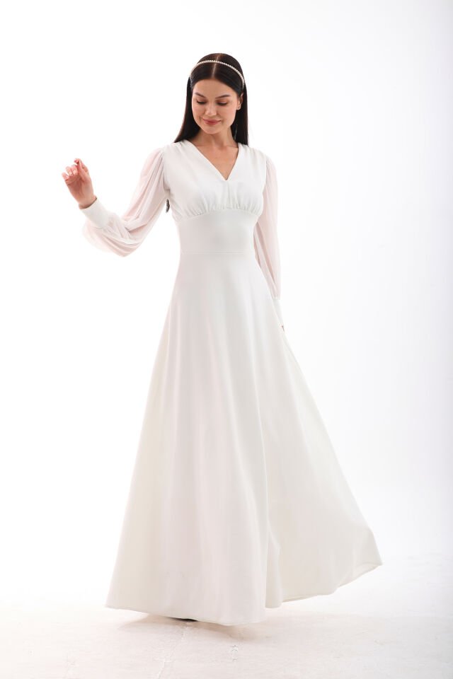 Yerli krep tül detaylı,kloş maxi şık elbise