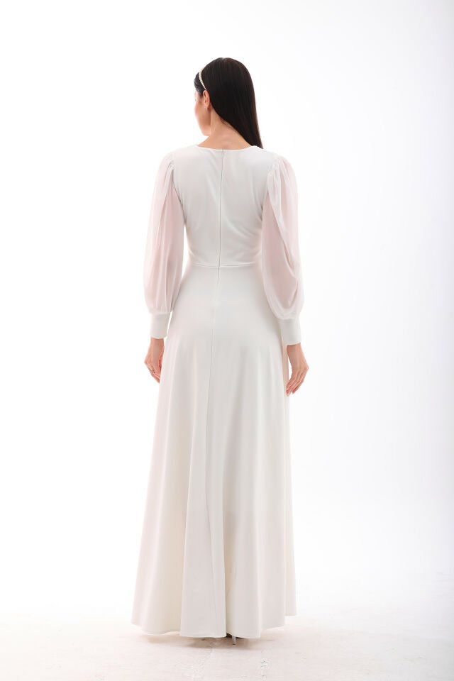 Yerli krep tül detaylı,kloş maxi şık elbise