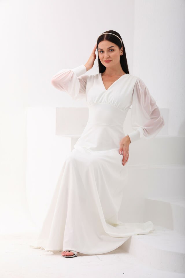 Yerli krep tül detaylı,kloş maxi şık elbise