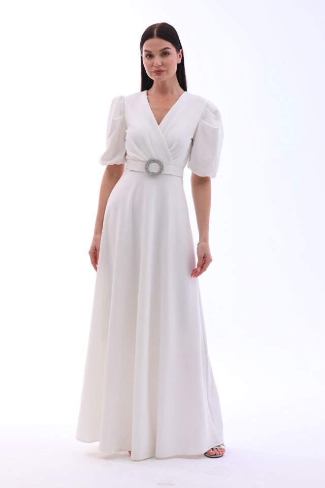 Likralı kumaş kruvaza yaka kemerli maxi boy kloş şık elbise