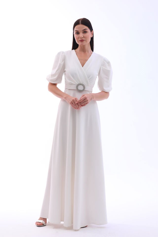 Likralı kumaş kruvaza yaka kemerli maxi boy kloş şık elbise