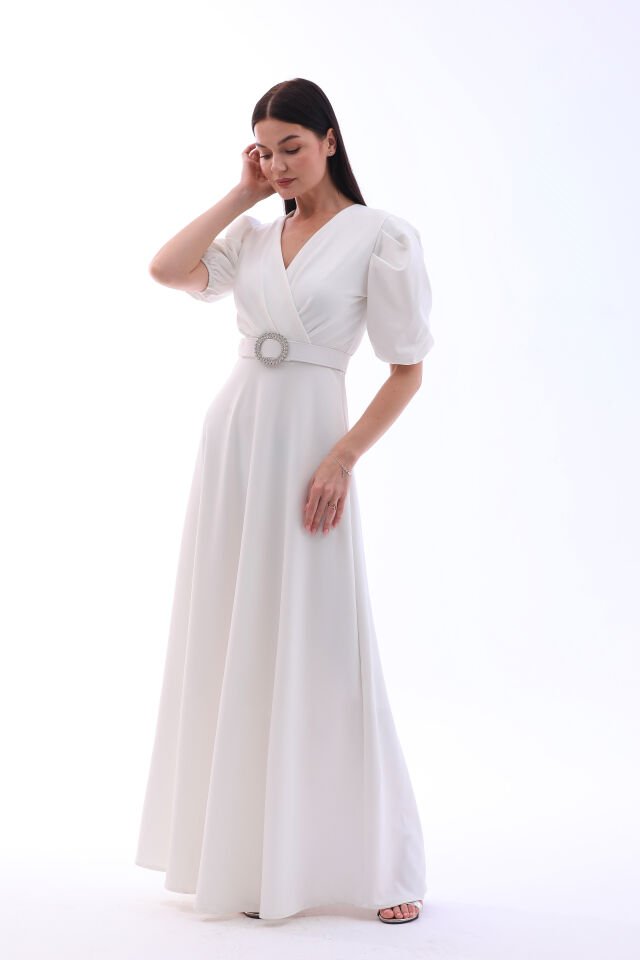 Likralı kumaş kruvaza yaka kemerli maxi boy kloş şık elbise