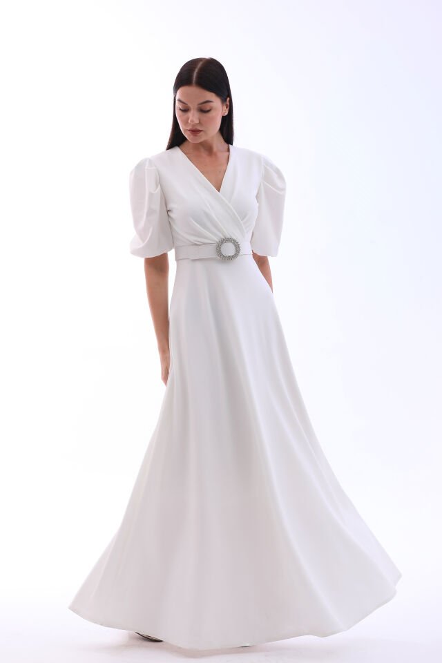 Likralı kumaş kruvaza yaka kemerli maxi boy kloş şık elbise