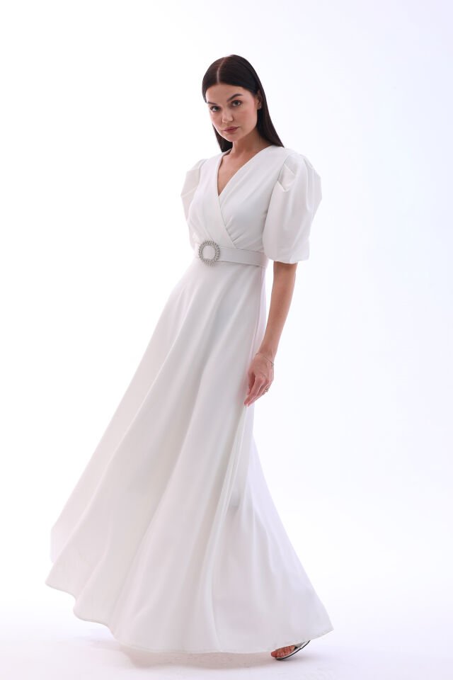 Likralı kumaş kruvaza yaka kemerli maxi boy kloş şık elbise