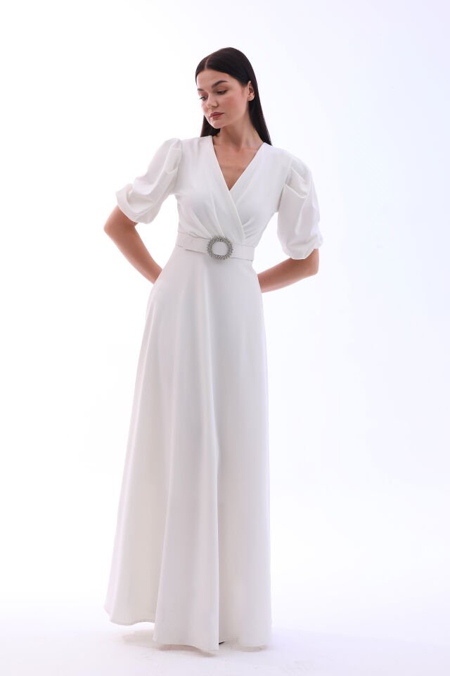 Likralı kumaş kruvaza yaka kemerli maxi boy kloş şık elbise