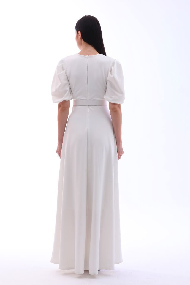 Likralı kumaş kruvaza yaka kemerli maxi boy kloş şık elbise