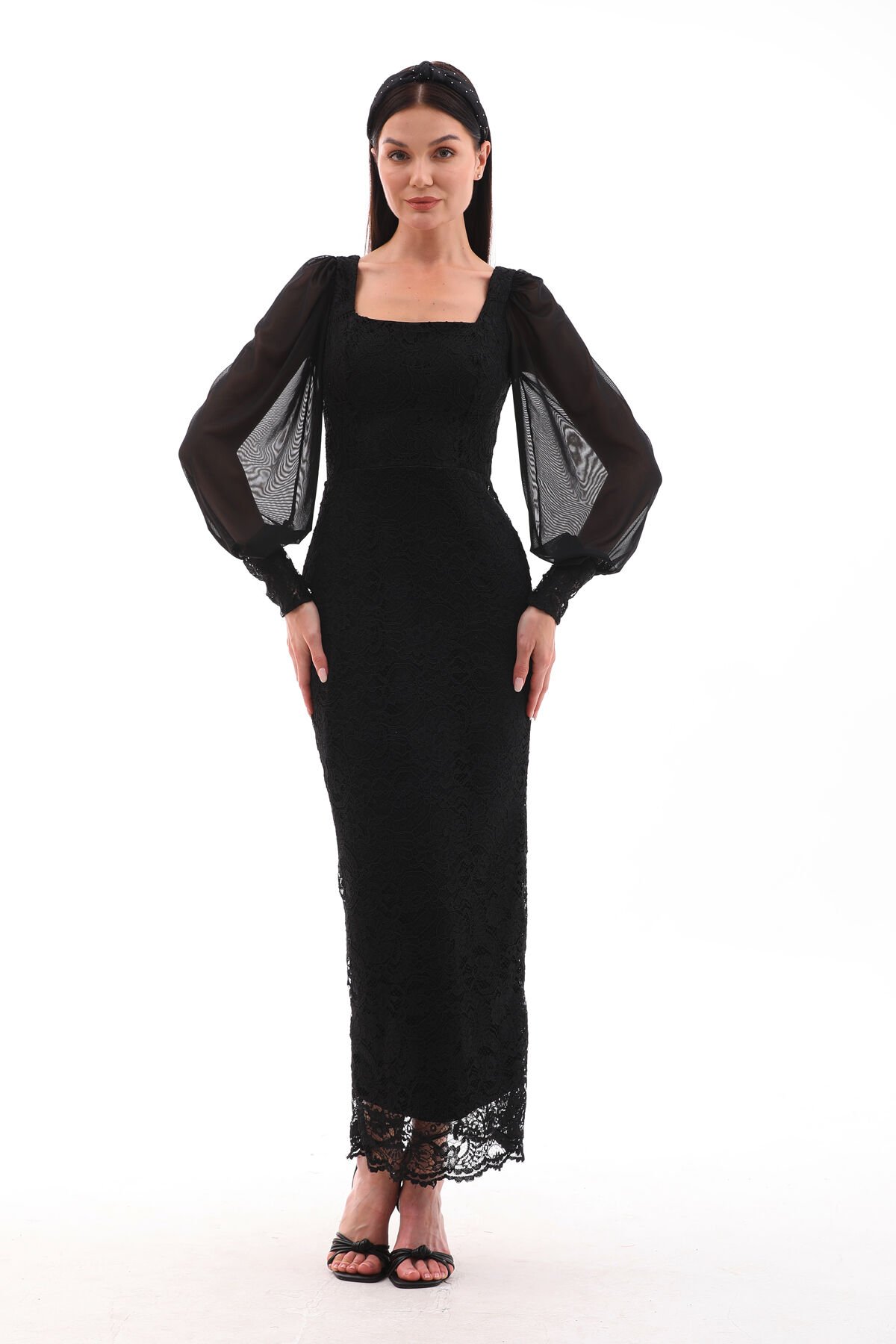 DANTEL VE TÜL DETAYLI BİLEK BOY ŞIK ELBİSE