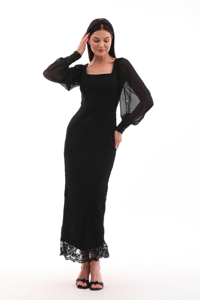 DANTEL VE TÜL DETAYLI BİLEK BOY ŞIK ELBİSE