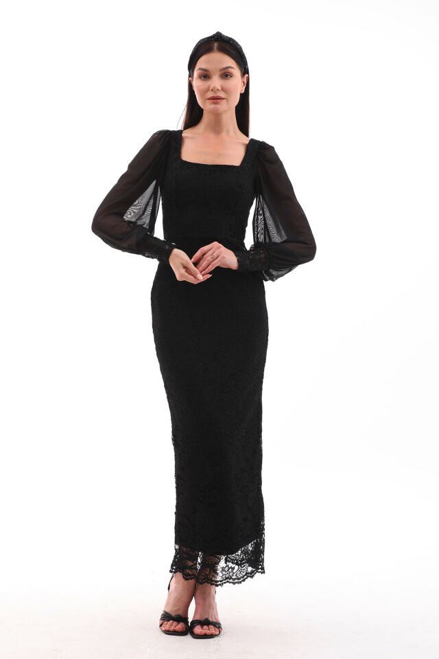 DANTEL VE TÜL DETAYLI BİLEK BOY ŞIK ELBİSE