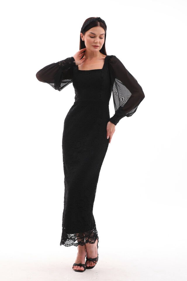 DANTEL VE TÜL DETAYLI BİLEK BOY ŞIK ELBİSE