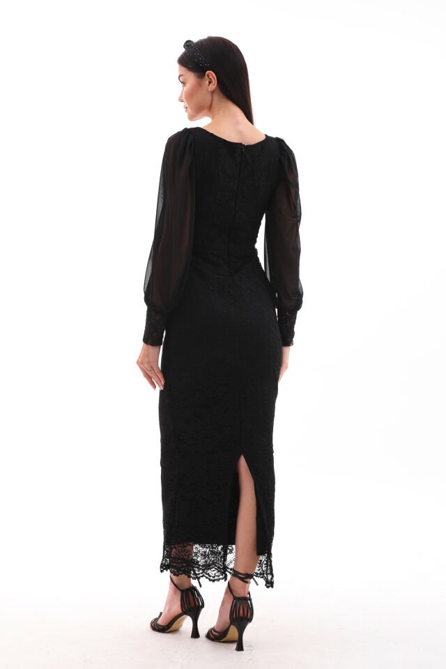 DANTEL VE TÜL DETAYLI BİLEK BOY ŞIK ELBİSE