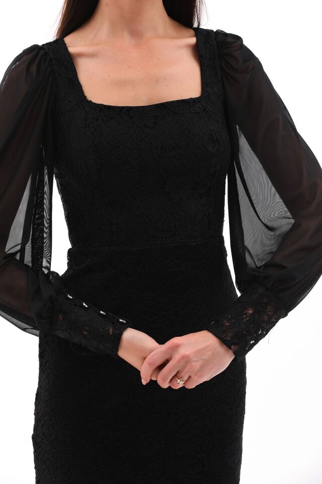 DANTEL VE TÜL DETAYLI BİLEK BOY ŞIK ELBİSE