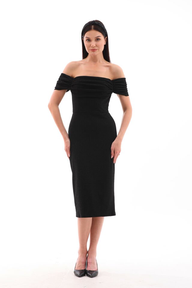 Likralı flowers kumaş omuz detaylı midi boy kalem elbise