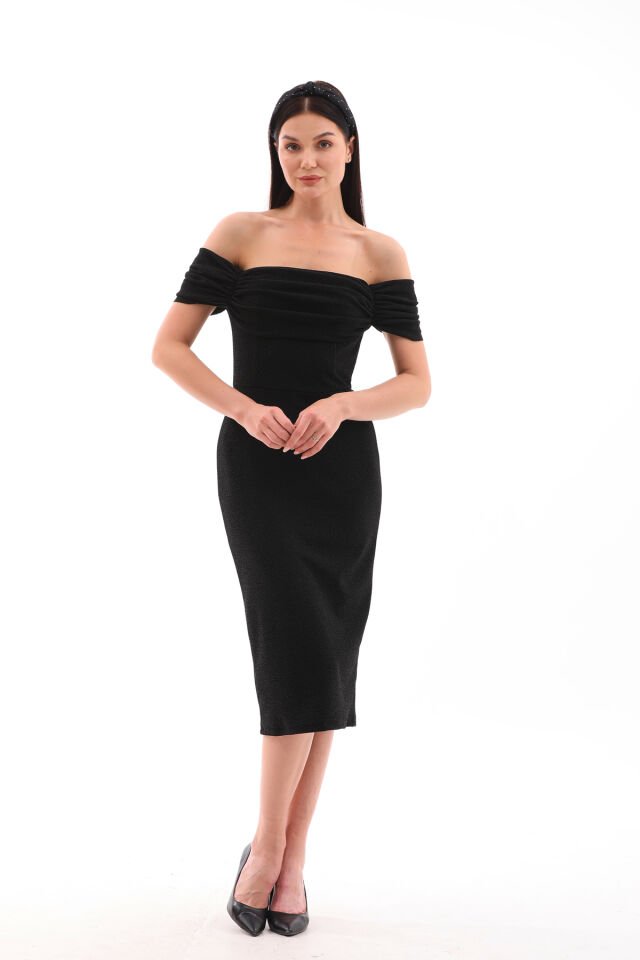 Likralı flowers kumaş omuz detaylı midi boy kalem elbise