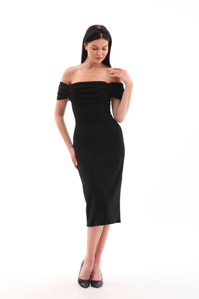 Likralı flowers kumaş omuz detaylı midi boy kalem elbise