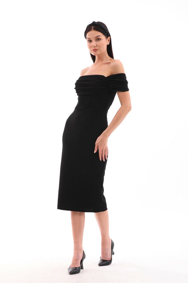 Likralı flowers kumaş omuz detaylı midi boy kalem elbise