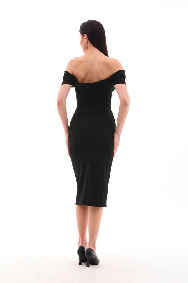 Likralı flowers kumaş omuz detaylı midi boy kalem elbise