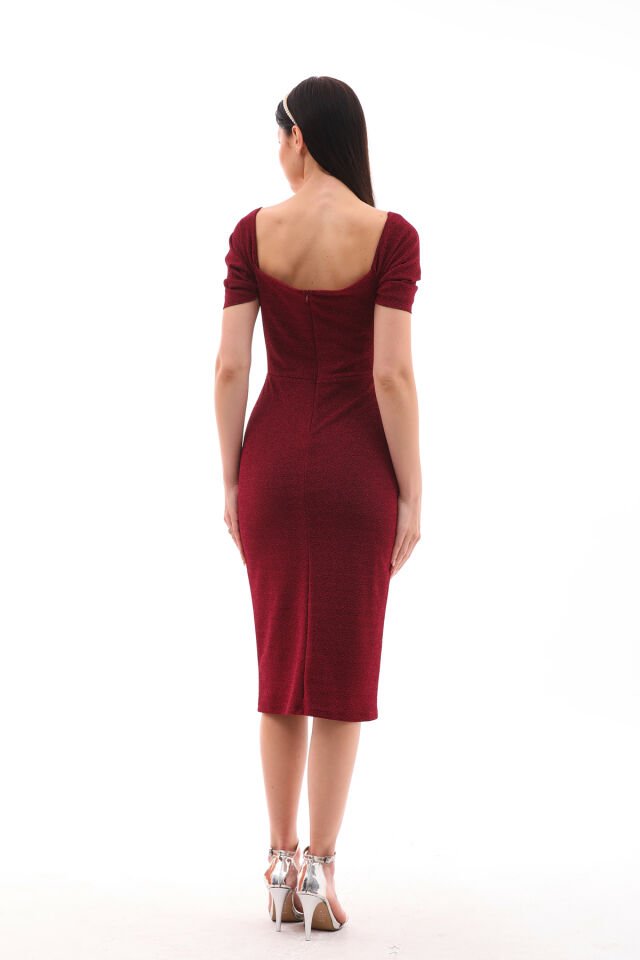 Likralı flowers kumaş omuz detaylı midi boy kalem elbise Bordo - 44