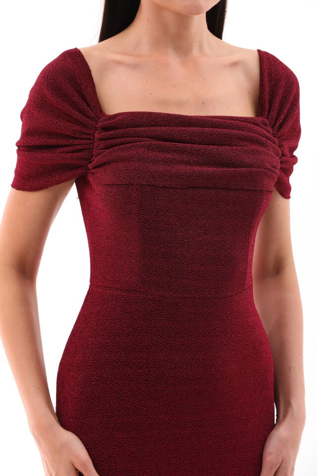 Likralı flowers kumaş omuz detaylı midi boy kalem elbise Bordo - 46